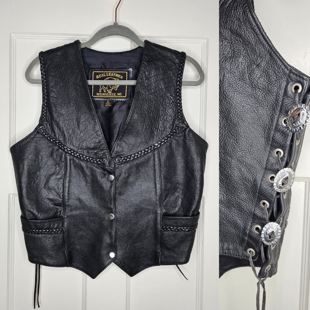 VTG Black Leather Vest with Corset and Conch Details